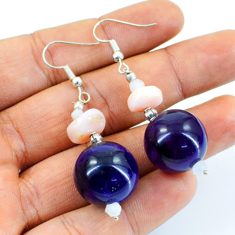 100.00 Cts Earth Mined Pink Australian Opal & Purple Amethyst Beads Earrings
