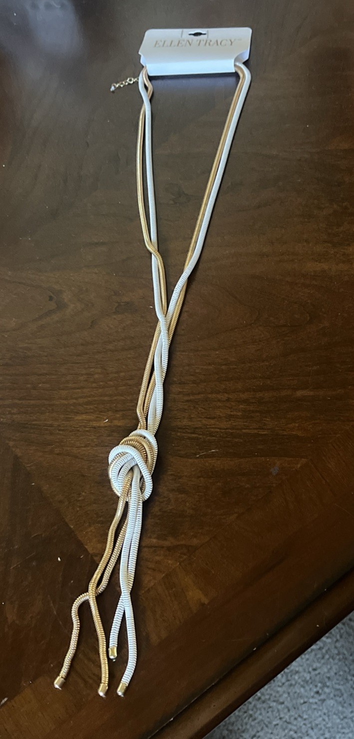 New ELLEN TRACY Gold Tone And White Tassel And Knotted Metal Necklace $45