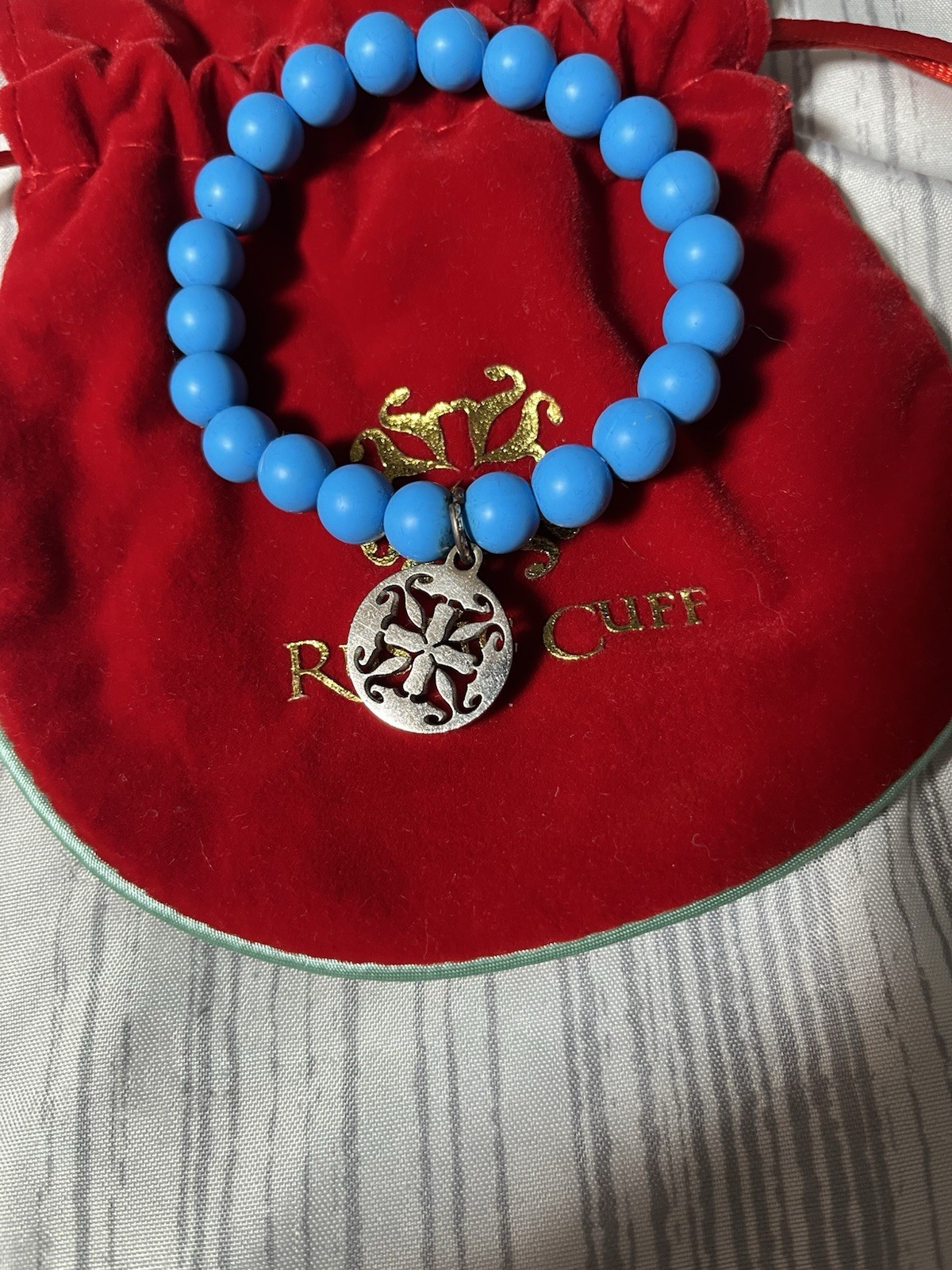Rustic Cuff Blue Round Beaded Stretch Bracelet with Dangle Tree Charm