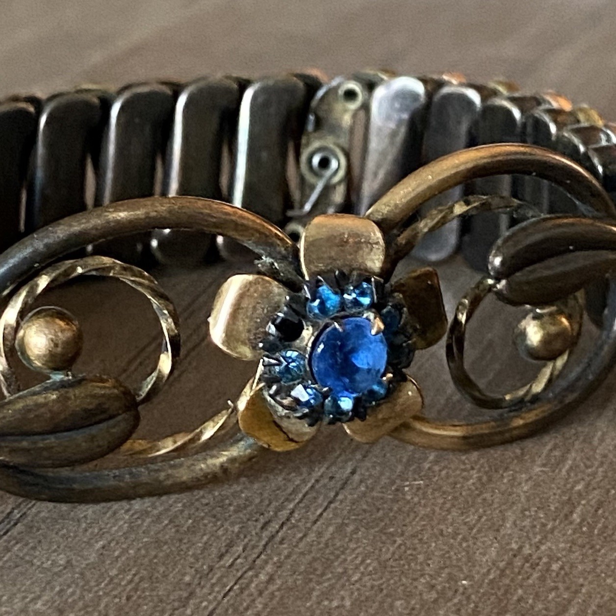 Vintage Lustern Bracelet 12K Gold Filled on Sterling w/Blue Gem Floral Accent