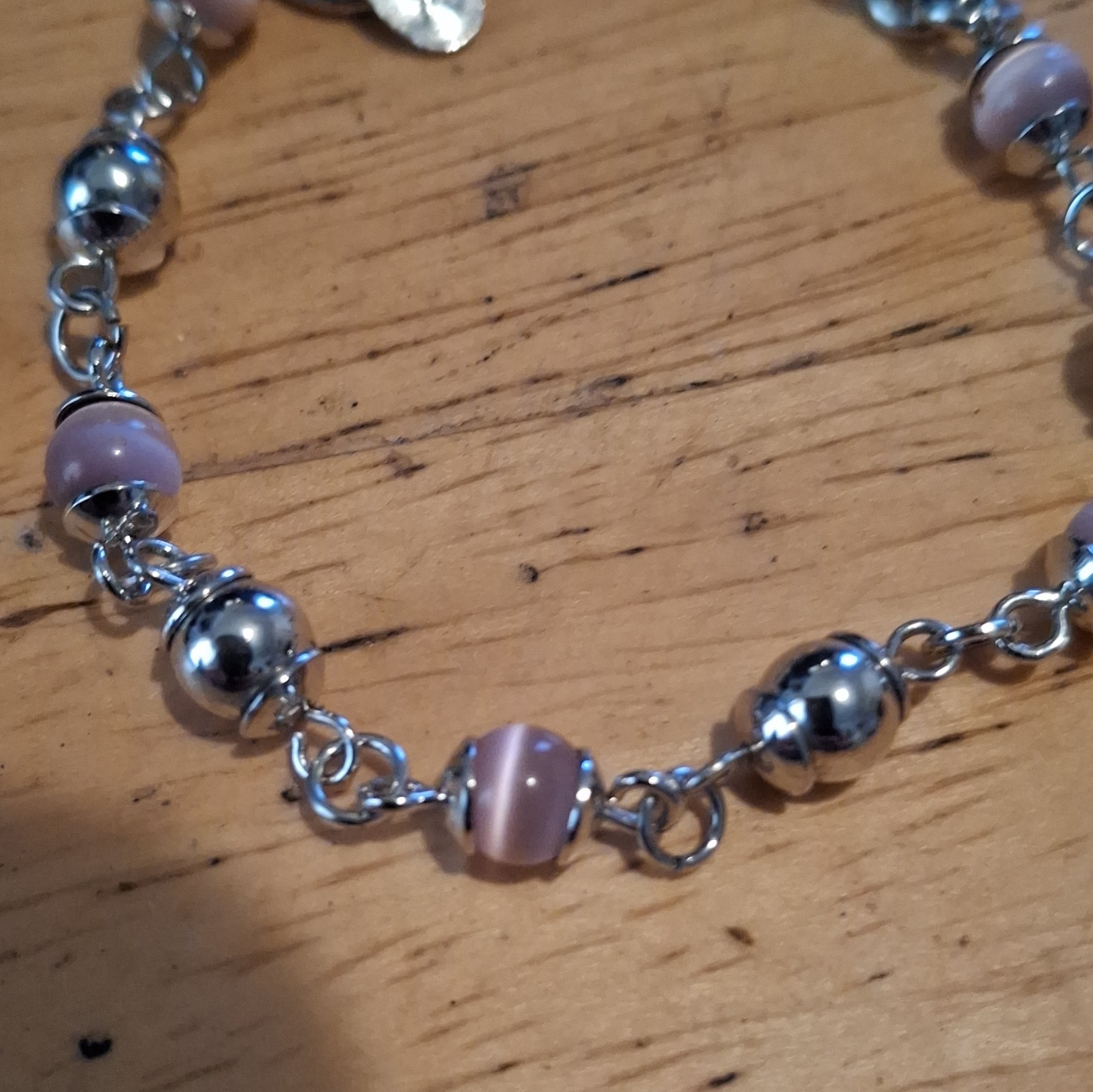 Silver Tone Cable Chain Bracelet Pink Round Glass Beads Toggle Clasp Signed