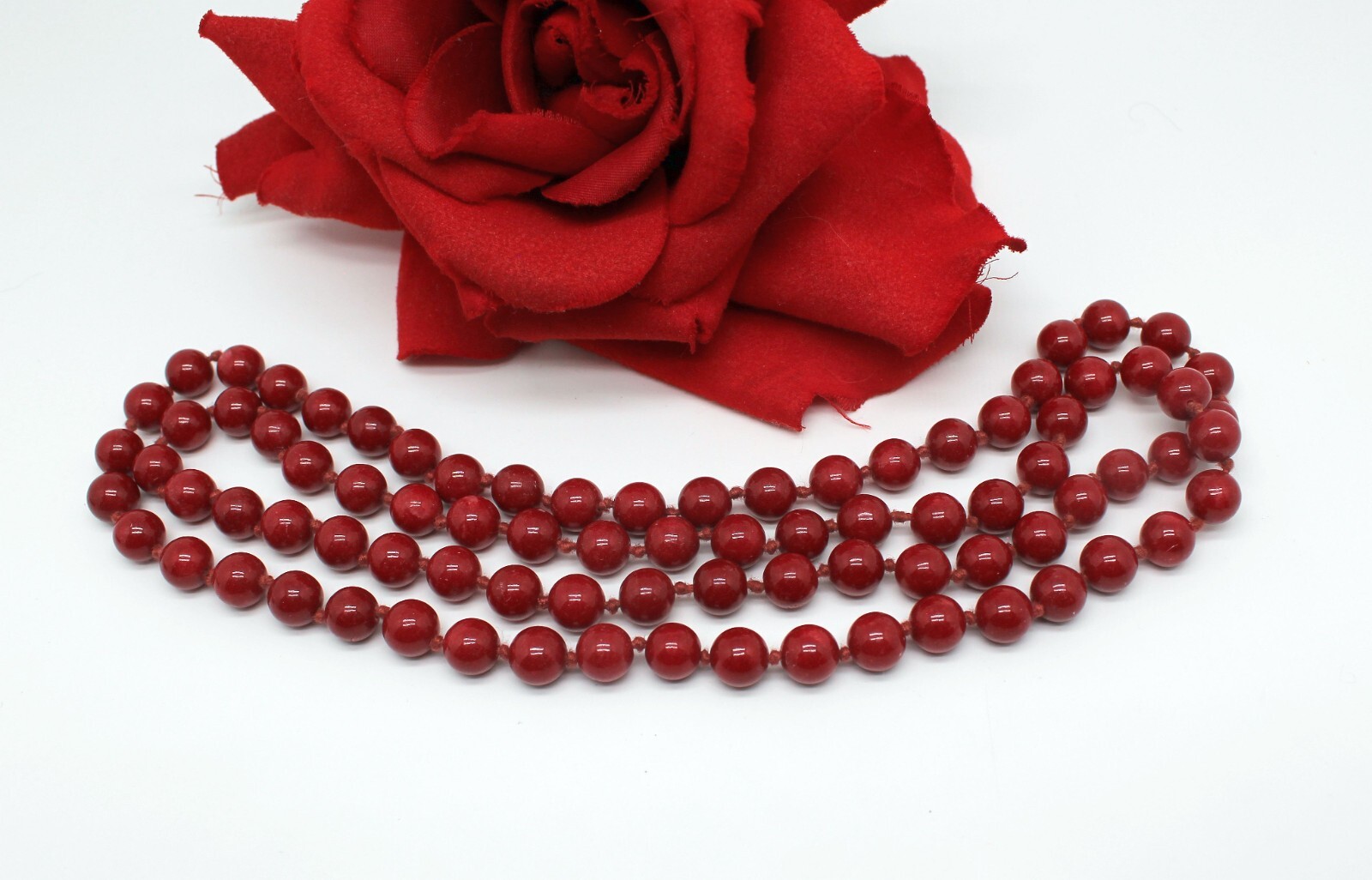 Red Glass Burgundy Individually knotted Beaded 32″ Necklace CAT RESCUE
