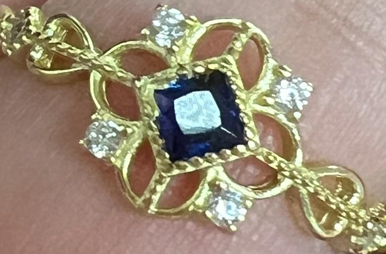 Real Blue Sapphire & Diamond 14K Y Gold on SOLID 925 Ring SZ 8 1/4 Victorian Rev