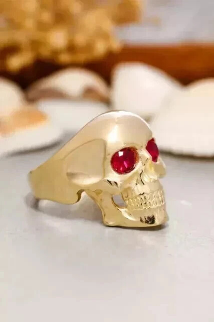 2 Ct Round Simulated Ruby Halloween Skull Band Ring 925 Yellow Sterling Silver