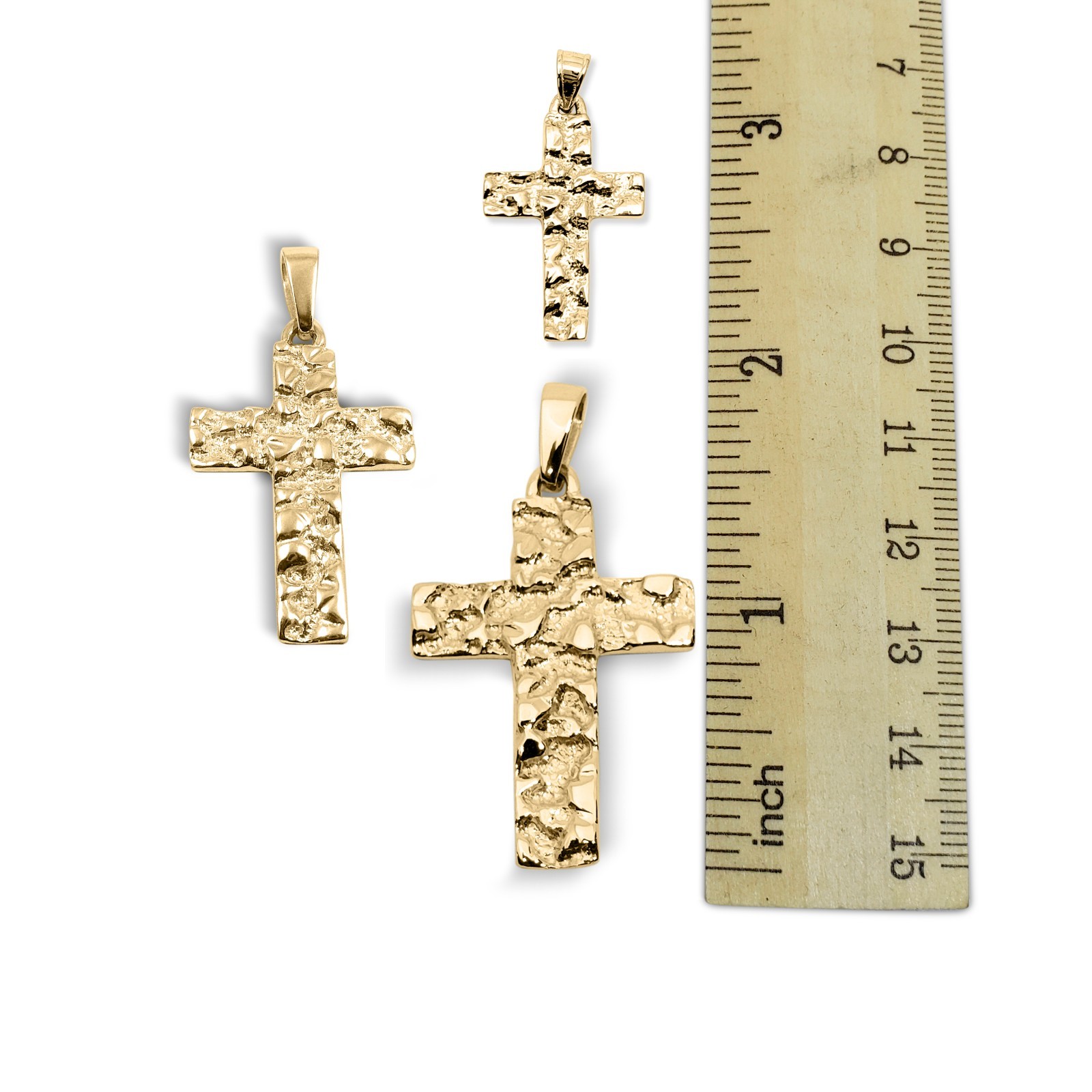Real 18K Yellow Gold Nugget Cross Handcarved Mens Gold Cross Pendant All Sizes