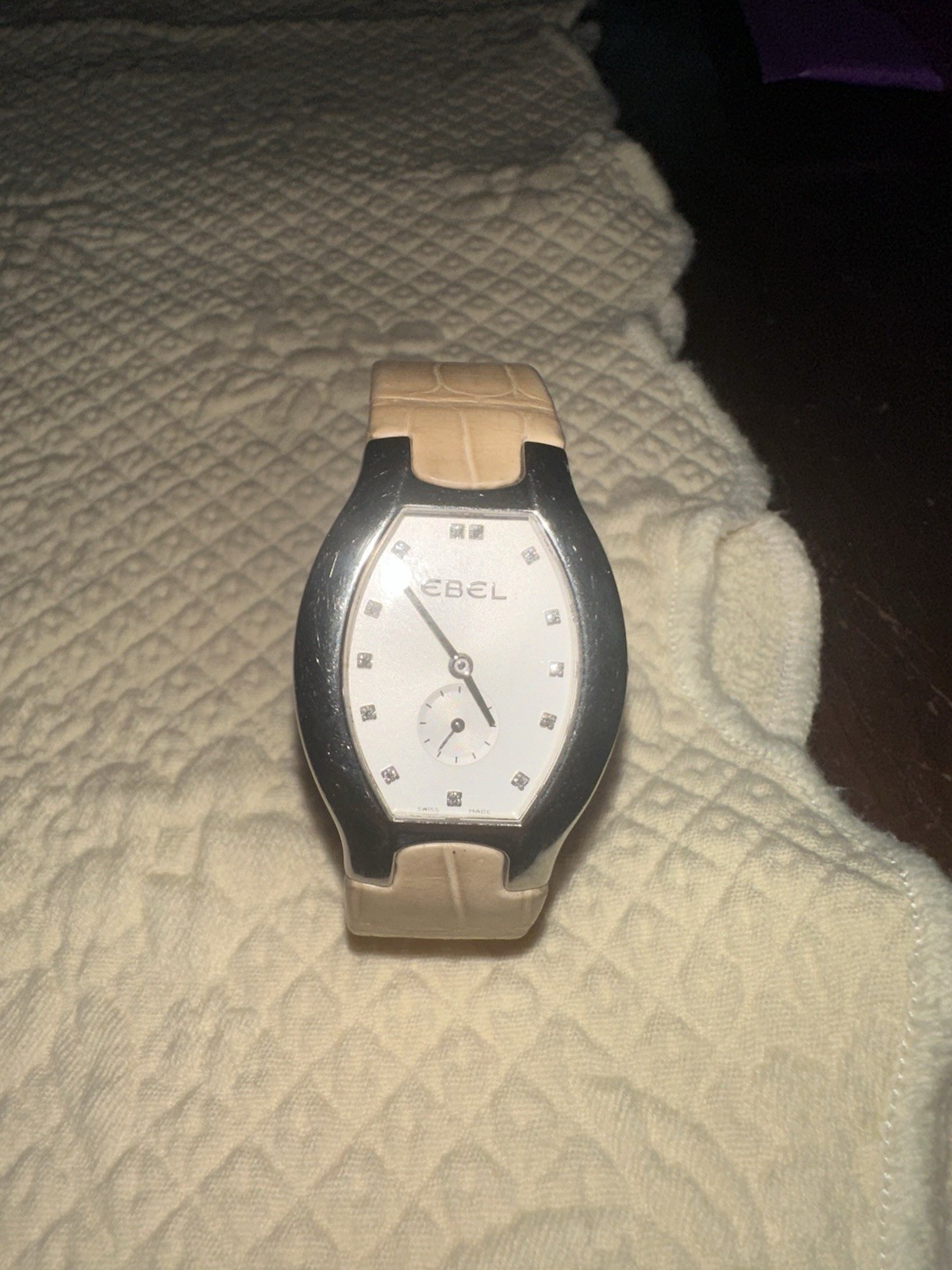 EBEL Beluga Tonneau Women’s Quartz Watch, SS Case, Silver Dial, Diamond, Beige
