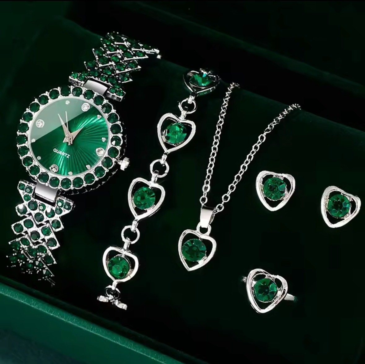 Jewelry set Rhinestone Ring Necklace Earring Quartz WristWatch Gift for Girl