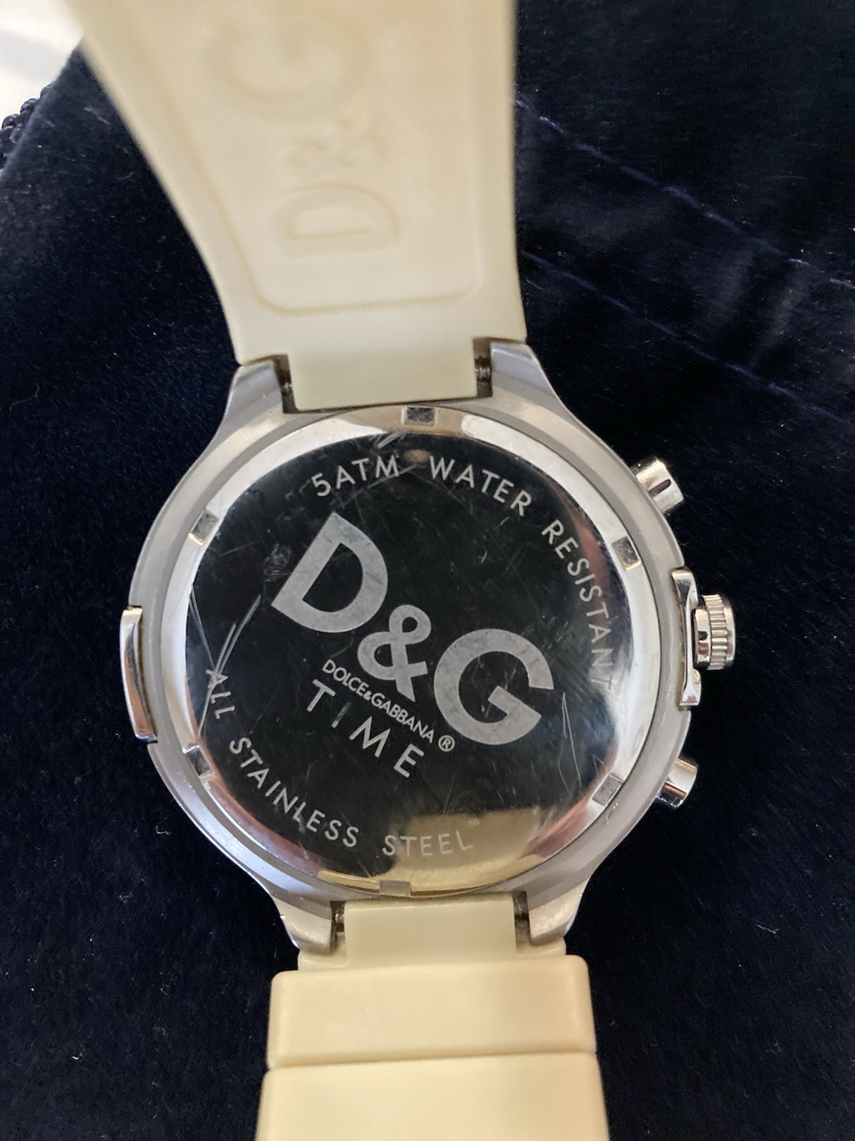 D&G Time Chronograph Silver Dial Blue Bezel Beige Rubber 50m with new battery