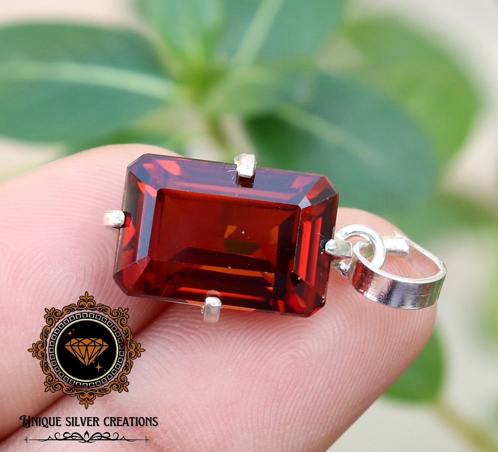 Natural Hessonite Garnet 925 Silver Pendant Certified Emerald Cut Loose Gemstone