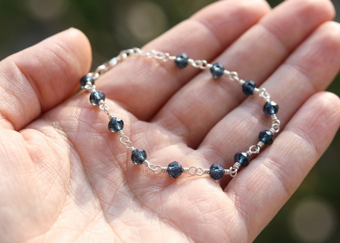 Chic Black Bead Boho Bracelet | Silver Tone Brass Chain Designer Bracelet