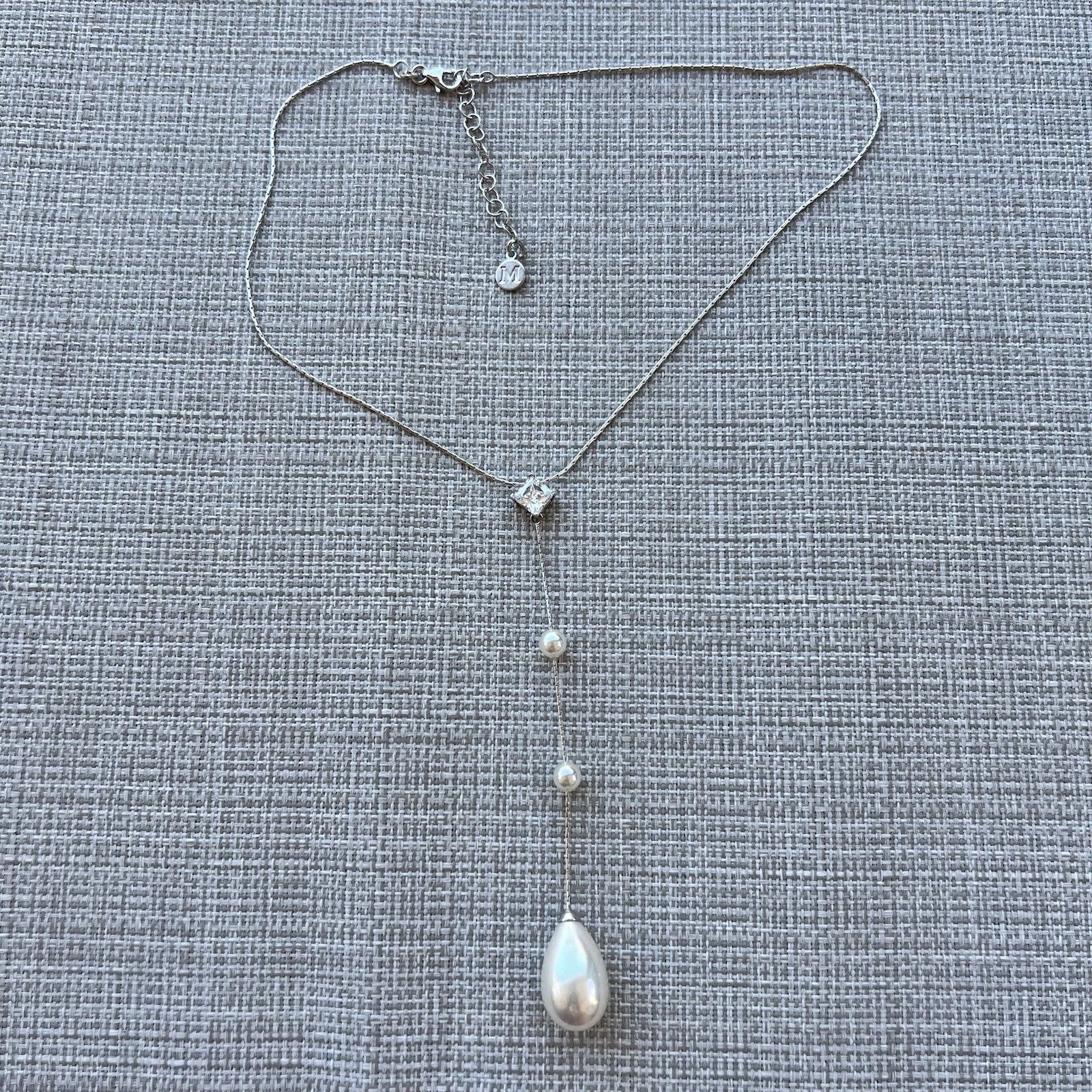 Majorica Sterling Silver 14” Necklace With 4” Drop Pendant CZ Teardrop Pearl