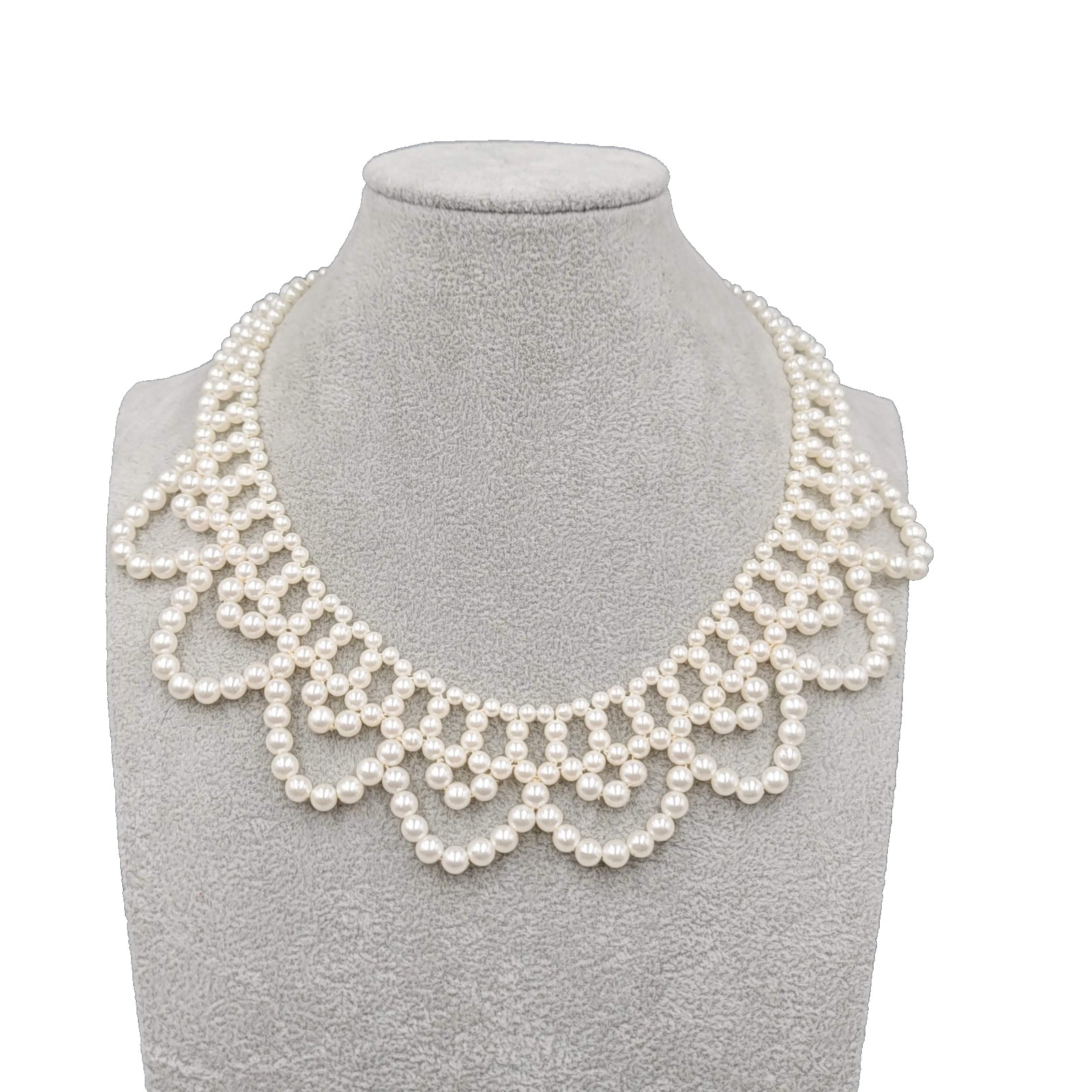 White Crochet Faux Pearl Bib Collar Necklace Ginsburg 16″-18″