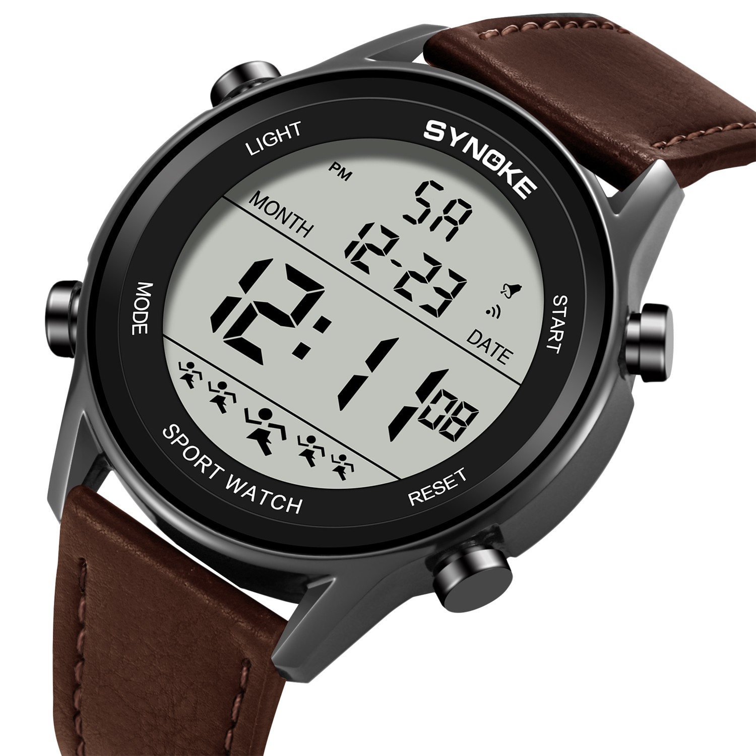 Mens Digital Sport Watch Leather Strap Electrical Wristwatch 50M Waterproof Gift