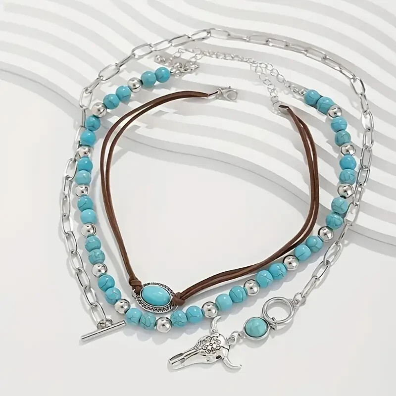 Elegant 925 Sterling Silver Vintage Tibetan Tibet Turquoise Pendant Necklace 3pc