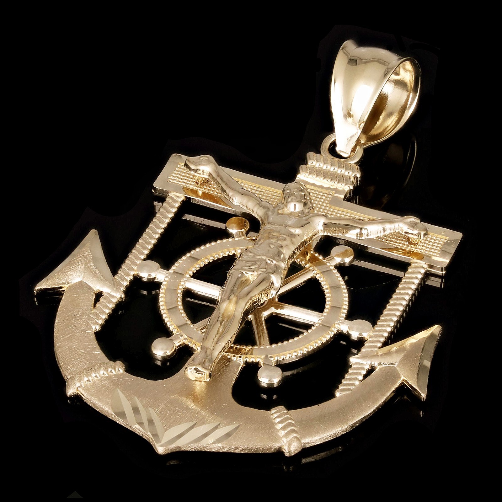 14k Yellow Gold Jesus Christ Cross Anchor Ship Mariners Pendant 2.1″ 6.3 grams
