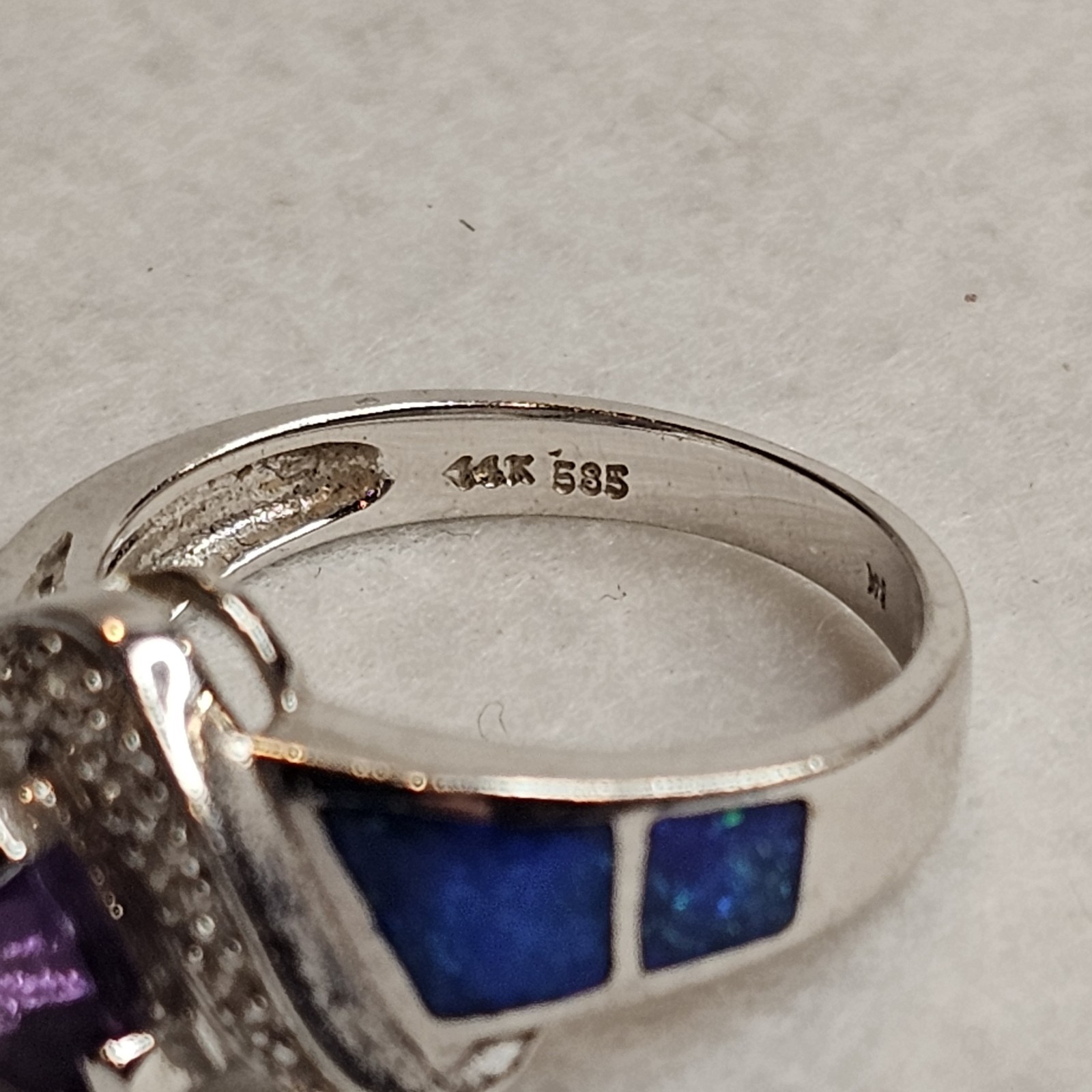 14K White Gold Amethyst Diamond Opal Inlay Ring Designer Style Estate Sz 6.25