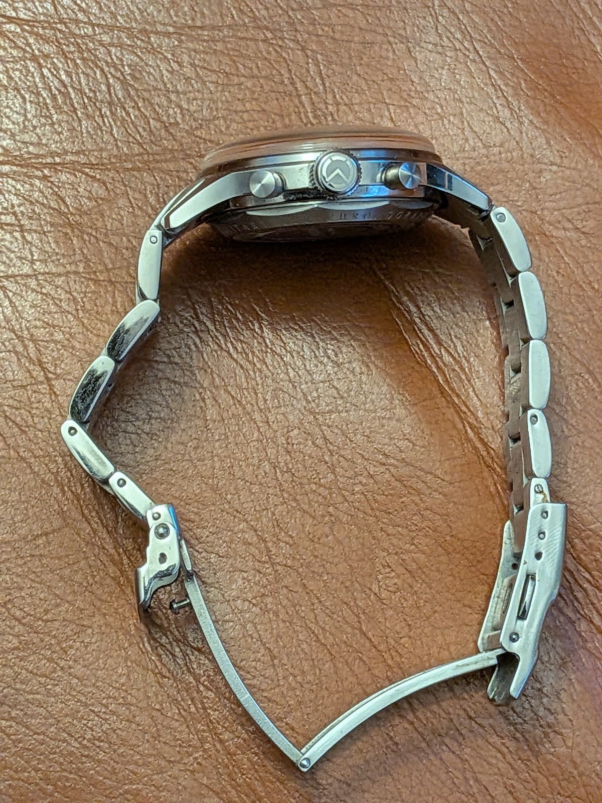 Merkur Big Eye Grey Seagull St 1901 mechanical chronograph watch with bracelet.