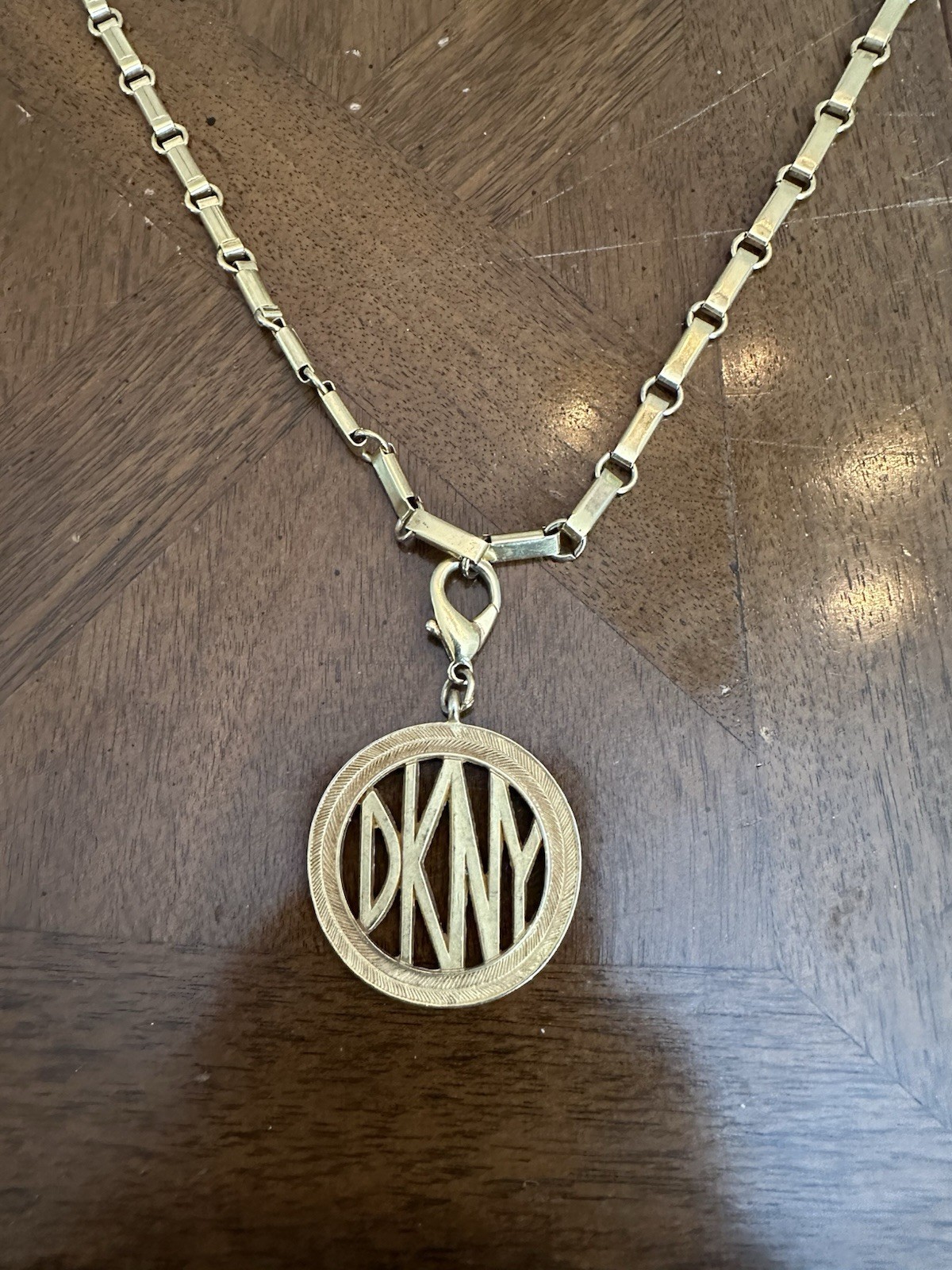 Vintage DKNY Donna Karan Pendant Statement Necklace Long Gold Tone Chain Signed!