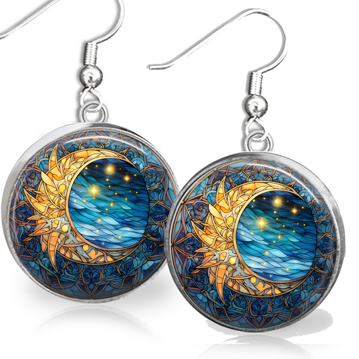 Faux Stained Glass Celestial Art Decorative Crescent Moon Starry Sky Earrings