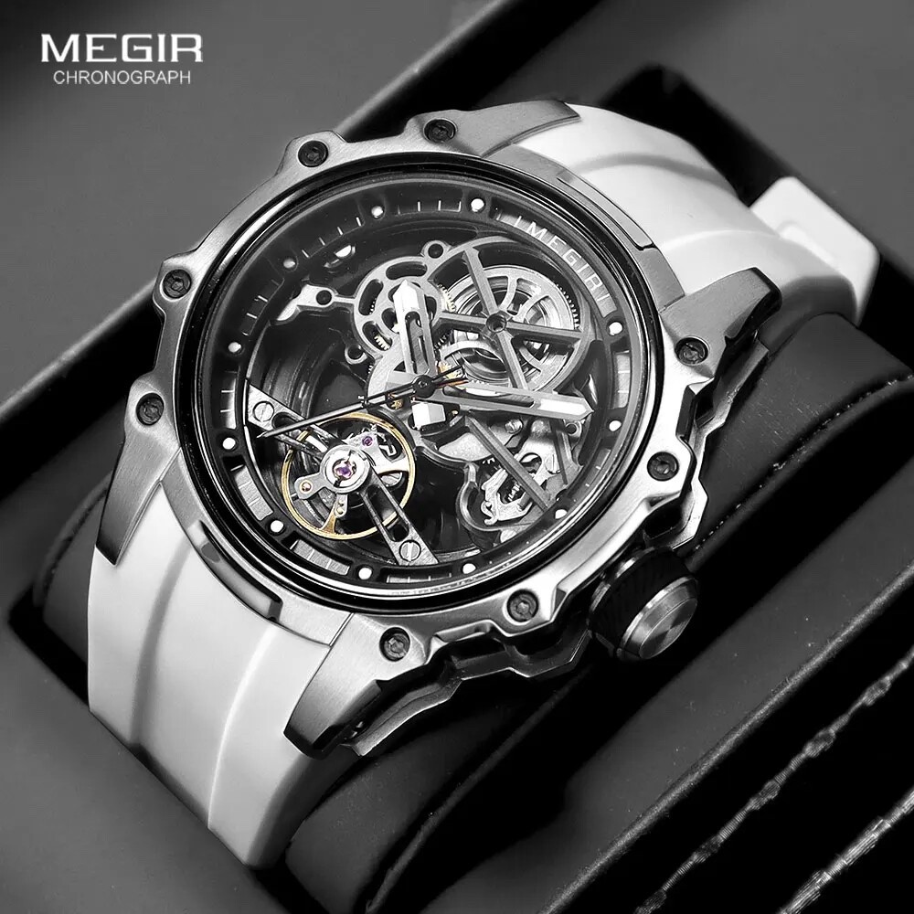 MEGIR Men’s Skeleton Dial Automatic Mechanical Waterproof Watch Silicone Strap