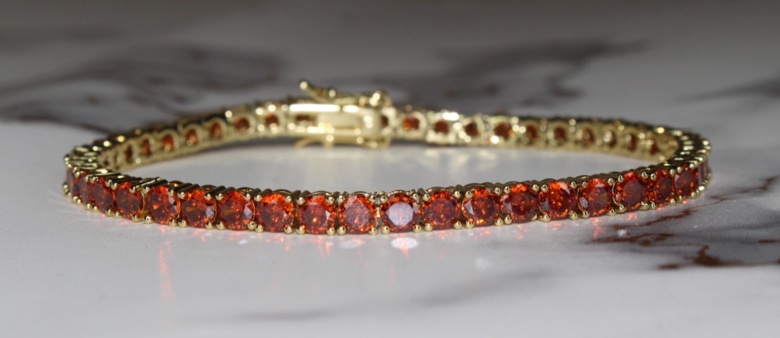 14k STAMPED 4mm AMBER RUBY Sapphire Tennis BRACELET 12ct Lab Sim Diamond Gold