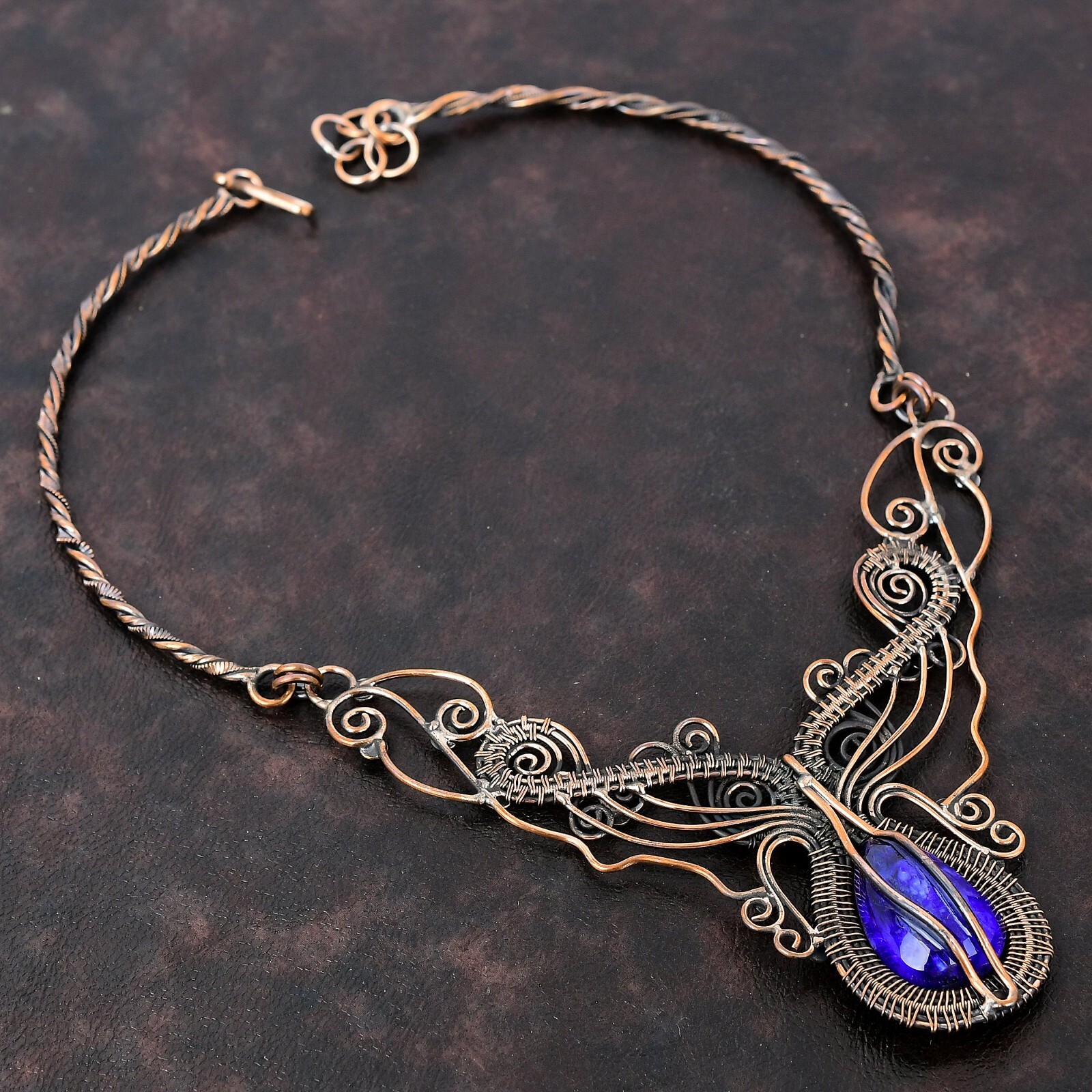 Gift Wire Wrapped Flower Chain Adjustable Necklace Copper Blue Saphire 18.0″
