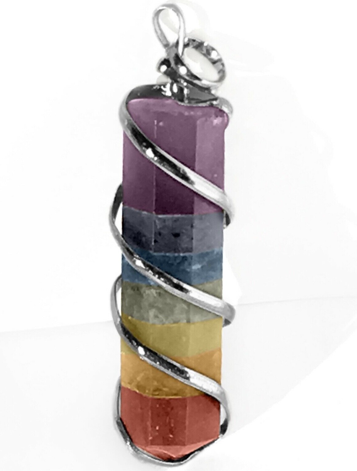 Rainbow Chakra Crystal Wire Wrap Silver Spiral Pendant Handmade Necklace CHARGED