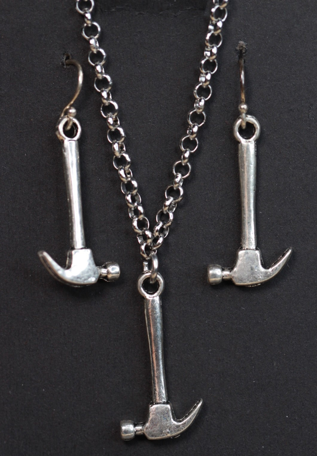 Hammer Tool Necklace Set Earrings Silver Pewter Charms, Sterling Silver Hooks
