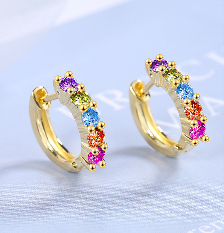 Women 925 Silver Tone Gold Rainbow CZ Huggie Hoop Snap Earrings 15mm Gift AF