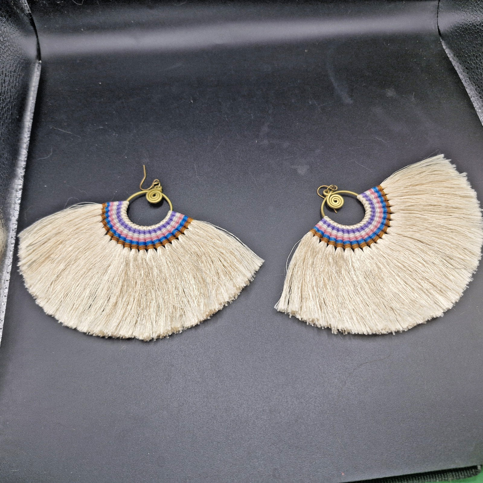 SW Style Large Runway Tassel Macrame Earrings Brass Blue, Orange, Tan 3.5 X 4.5″