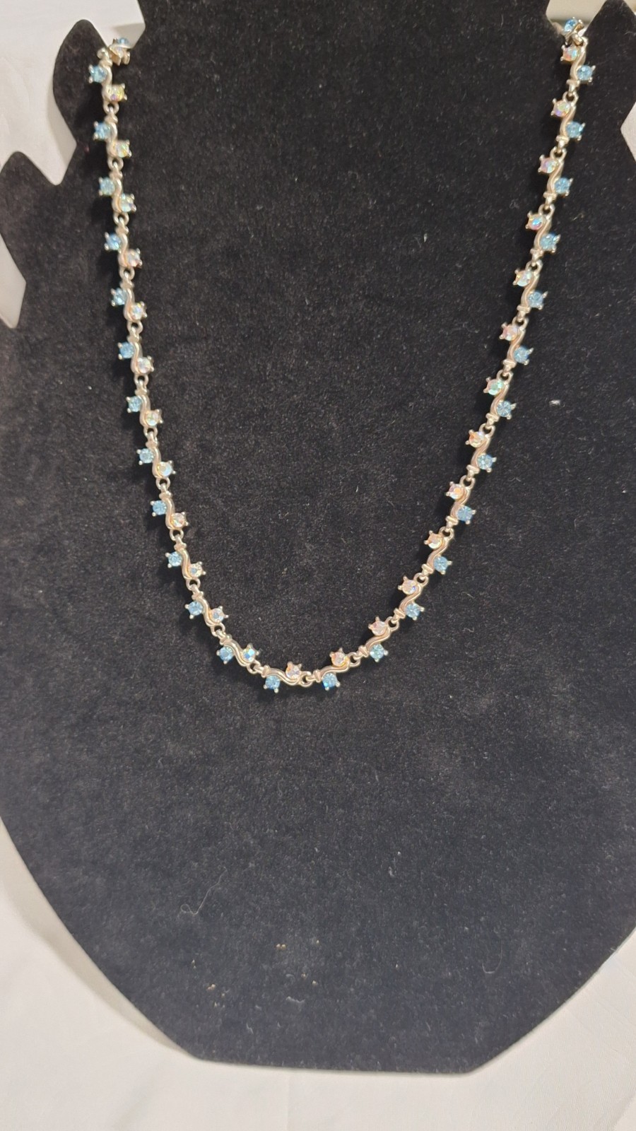 Silver Tone Blue Rhinestone Tennis Necklace Prong Set Adjustable Lobster