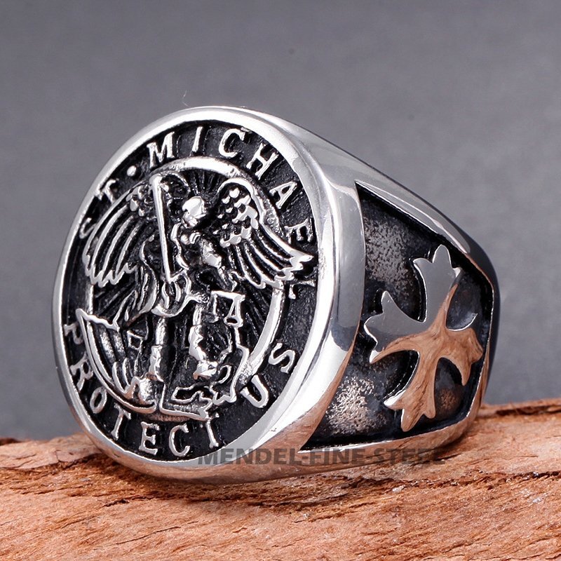 MENDEL Mens Stainless Steel Catholic Archangel St Saint Michael Ring Size 7-15