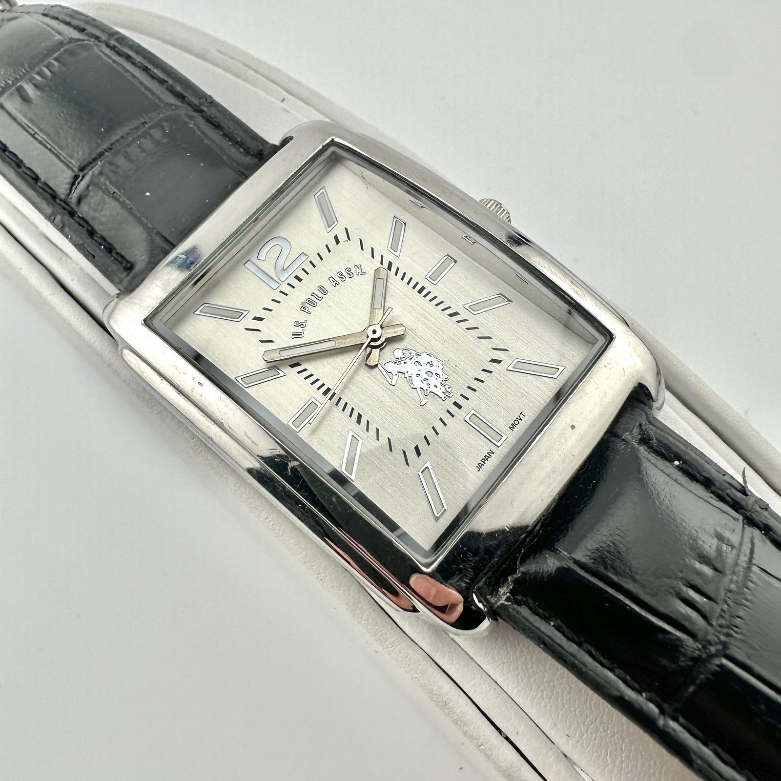 U.S. Polo Assn. Mens Watch 33mm Silver Dial Silver Case Black Leather Strap
