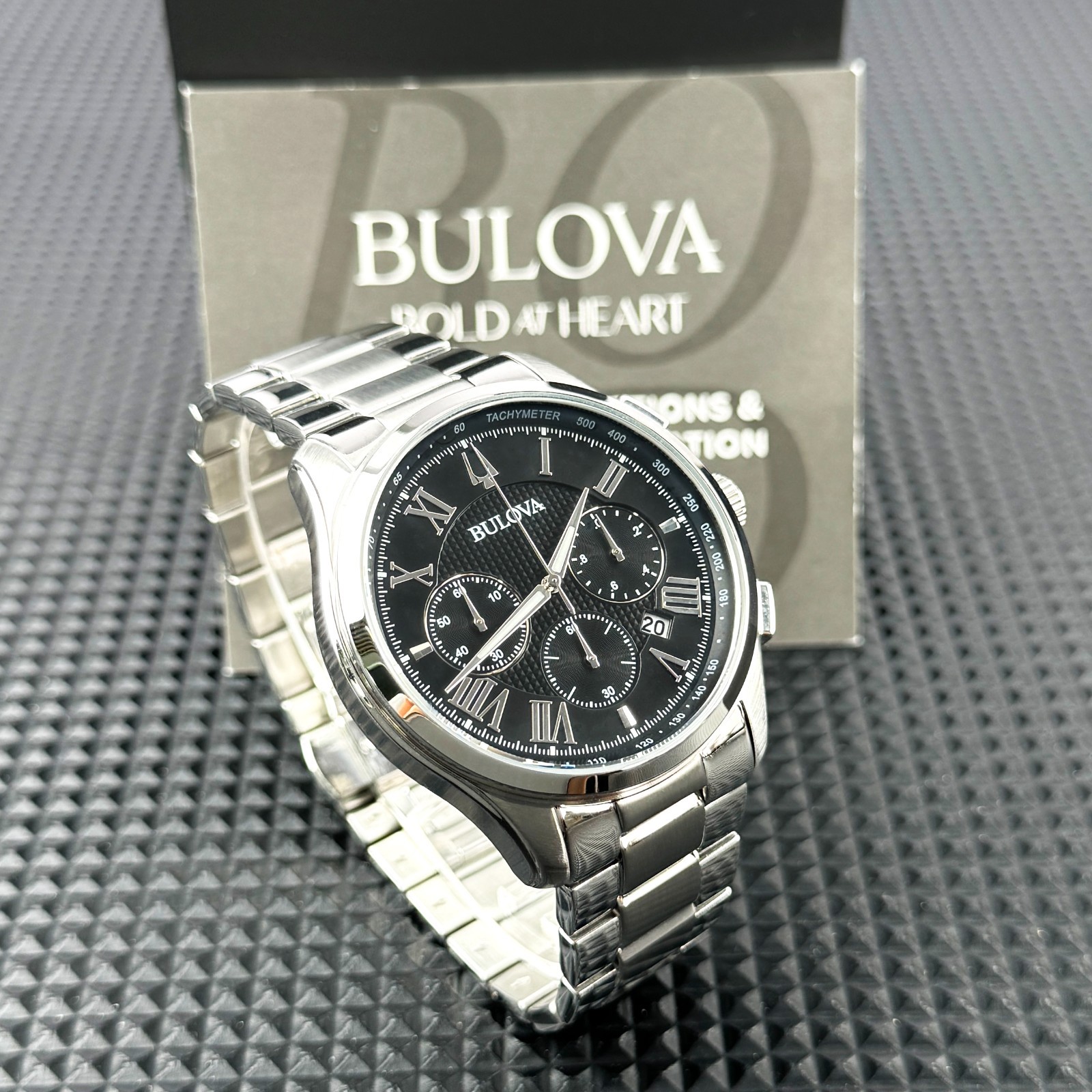 Bulova Wilton Classic Chronograph Black Dial 96B288 Silver Men’s Watch 46.5mm
