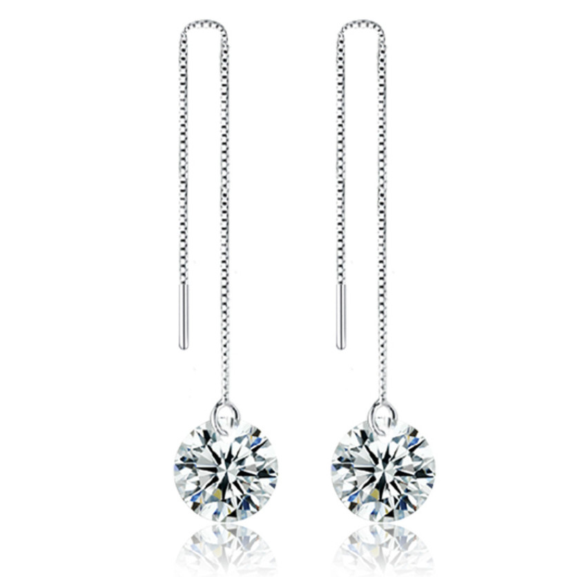 925 Silver Plated Round CZ Ear Chain Thread Pull Through Threader Earrings F2