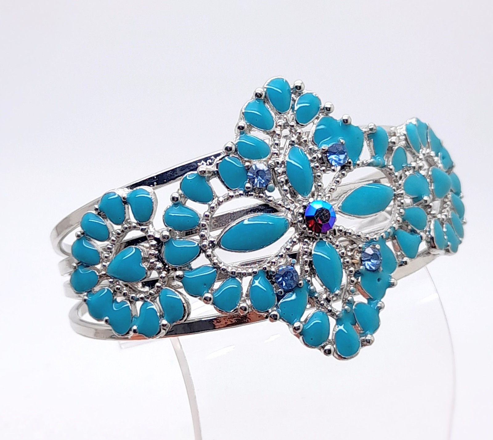 Modern style Silver Tone Metal 1.75″ Wide Cuff blue enamel fashion Bracelets