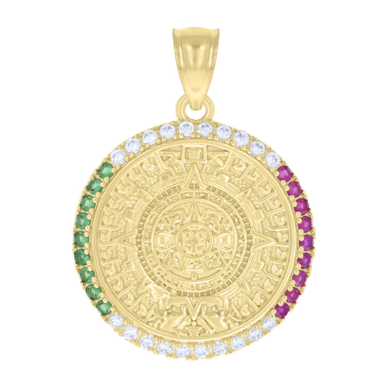 10kt Yellow Gold Green/Purple White Cubic-Zirconia Aztec Calendar Charm Pendant