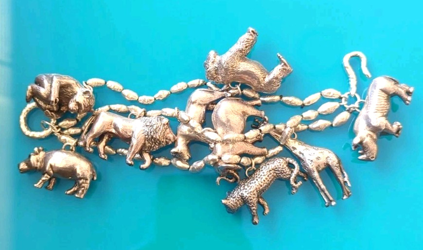 Sterling Silver 114 g 3D SAFARI ZOO Animal Bracelet Lion Gorilla Tiger Elephant*