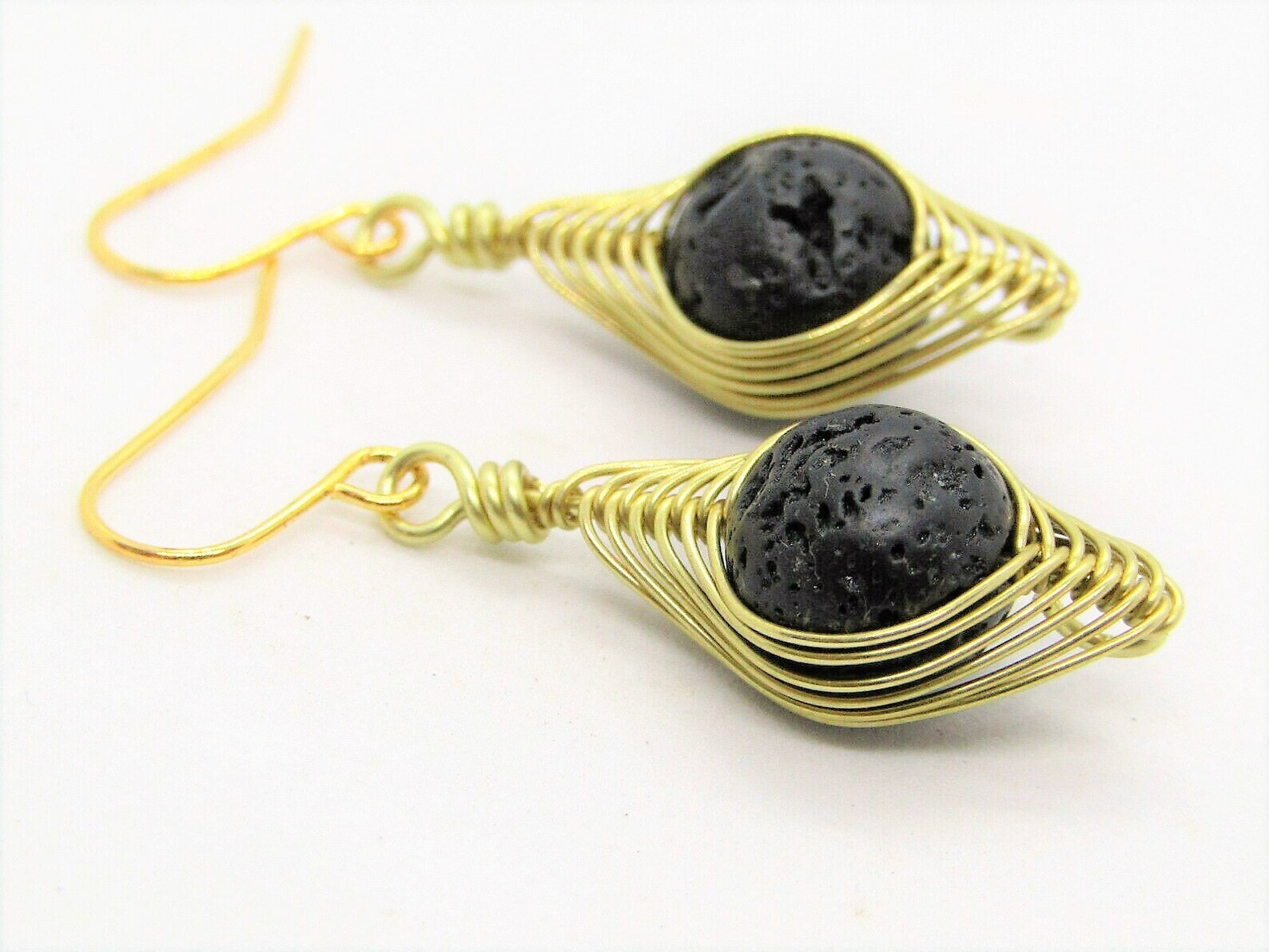 Healing Lava Stone Gold Wire Wrapped Earrings, Black Gemstone Dangle Earrings
