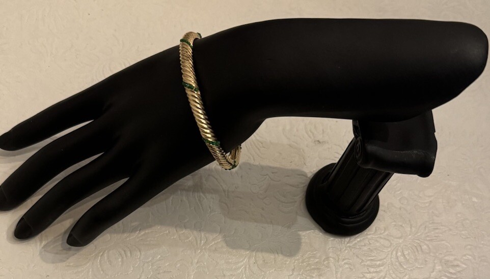 Vintage Marcel Boucher Bracelet Bangle 7511 Gold Swirl Ribbed Green Stones