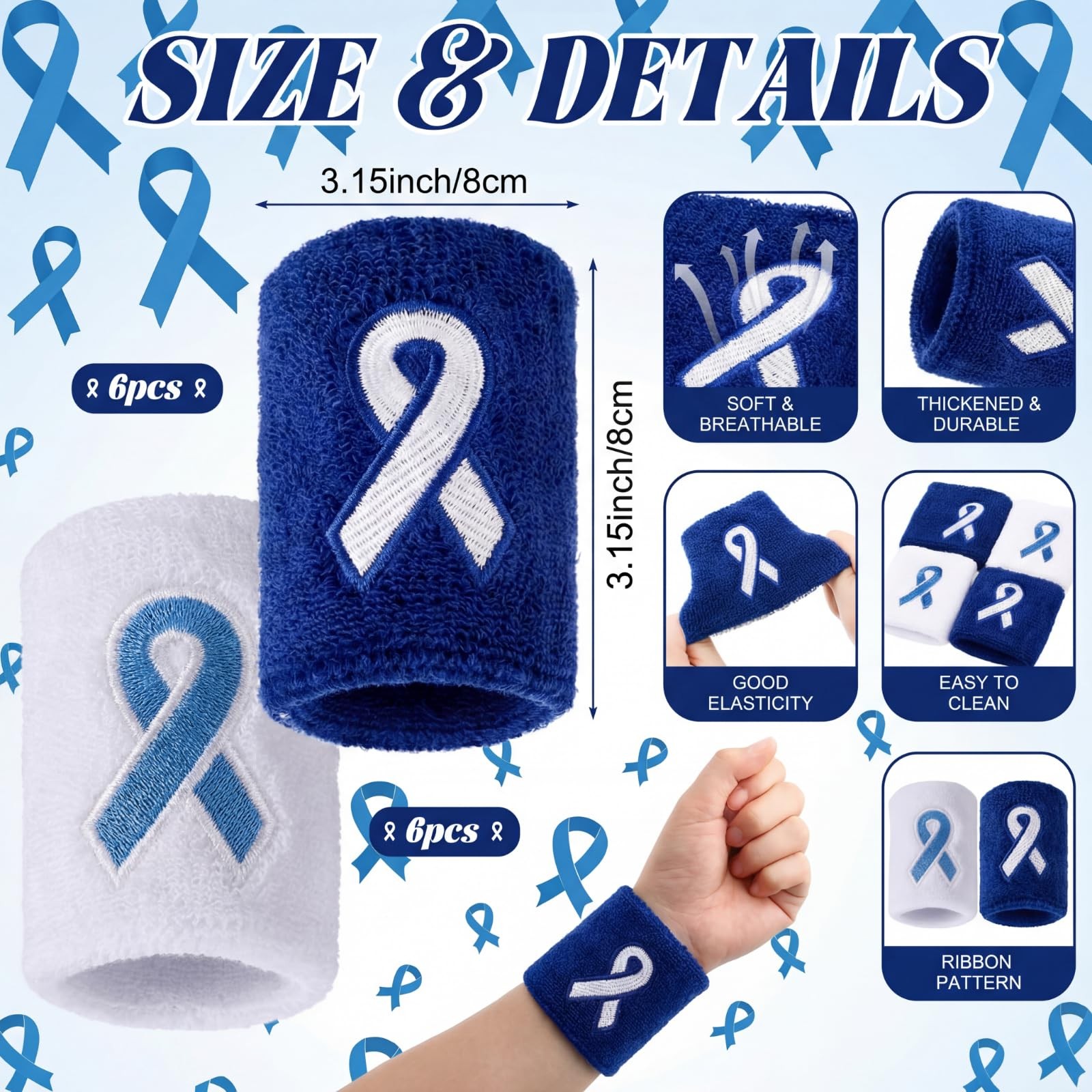 12 PCS Colon Cancer Awareness Wristbands Blue Ribbon Embroidery Sweatbands