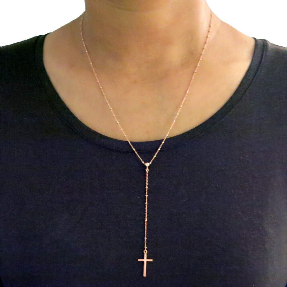 925 Sterling Silver Rosary Beaded Cross Necklace for Women, Girls – 3 colors