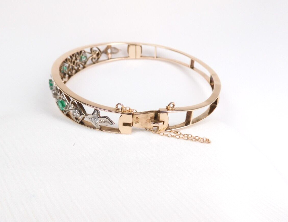 Antique Colombian Emerald & Diamond 1.03 CTW Bracelet 14K Gold Filigree Muzo Min