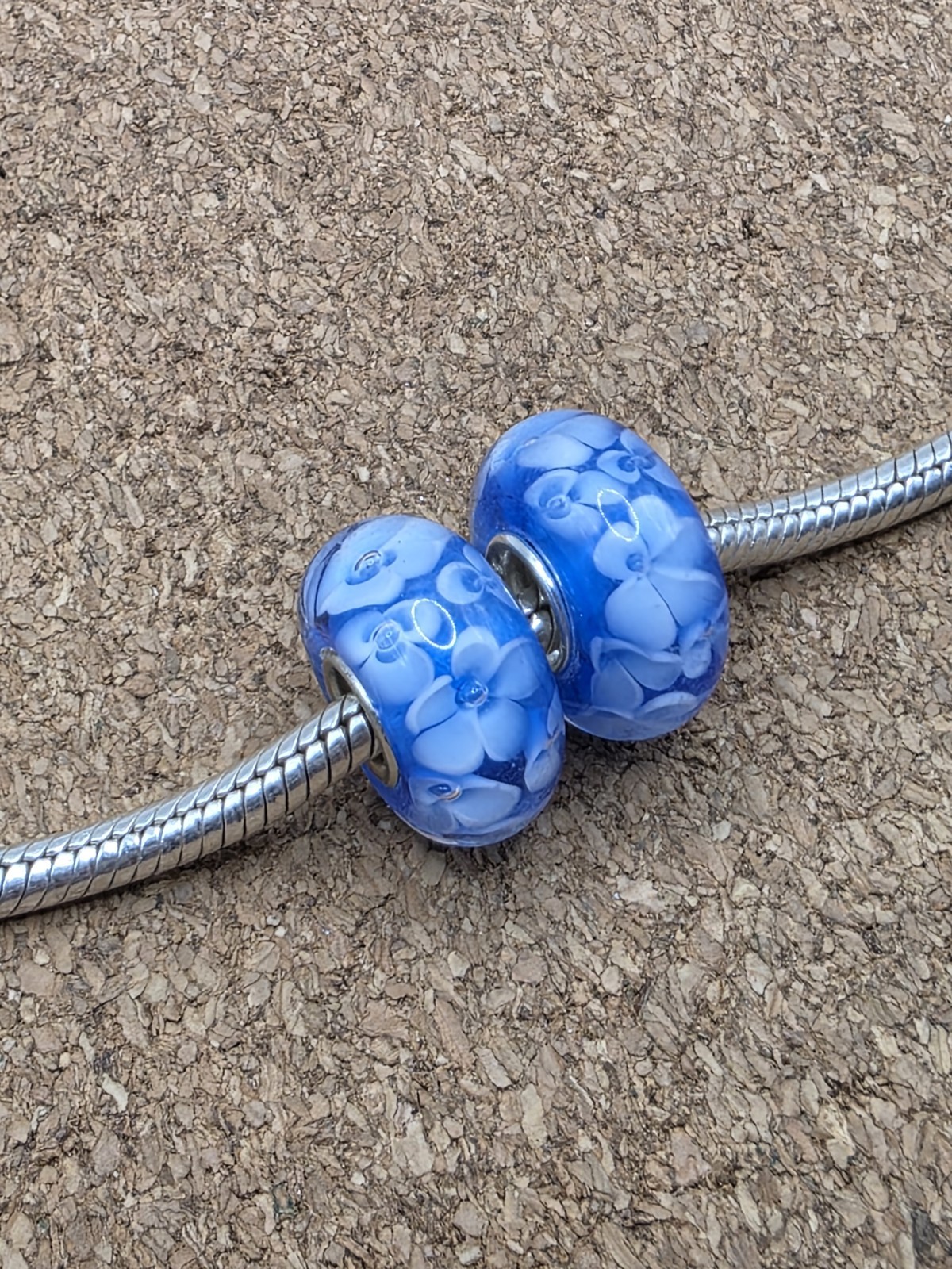 2 X AUTHENTIC BLUE MURANO WHITE FLOWER EUROPEAN CHARM BEAD LOT STERLING SILVER