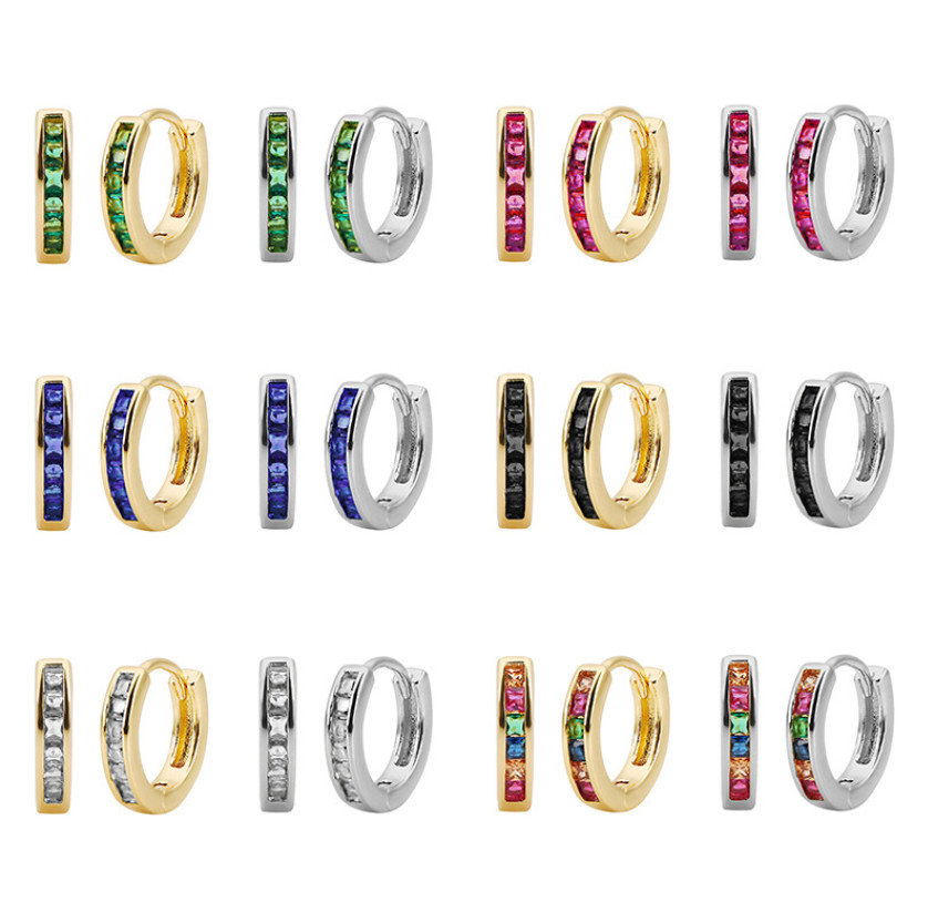 2Pcs 925 Silver Gold Plated Small Round Huggie Hoop Earrings Square CZ 12mm E19
