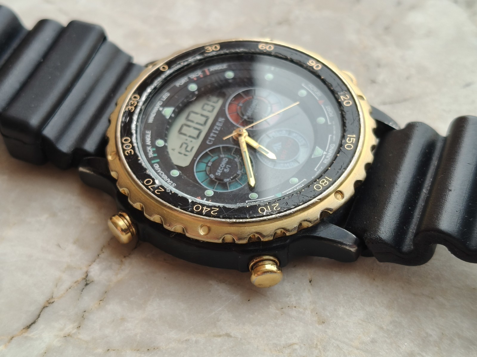 80s CITIZEN YACHT TIMER C050-088409 BLACK PVD WATCH WATCHES WORKING *DEFECTIVE*