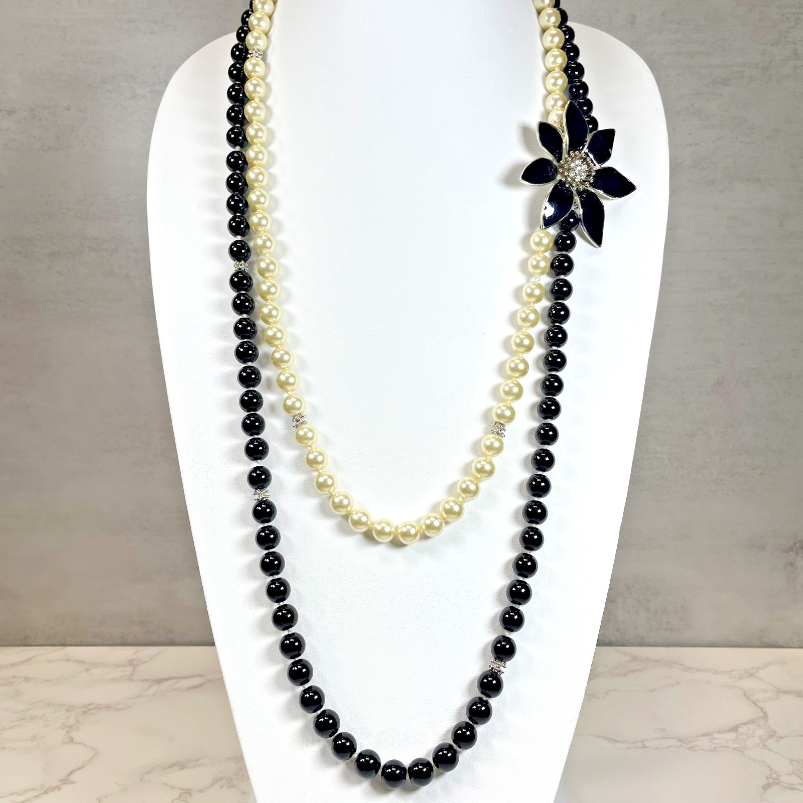 Stunning Talbots Signed Black Enamel Rhinestone Flower Two Strand Bead Necklace