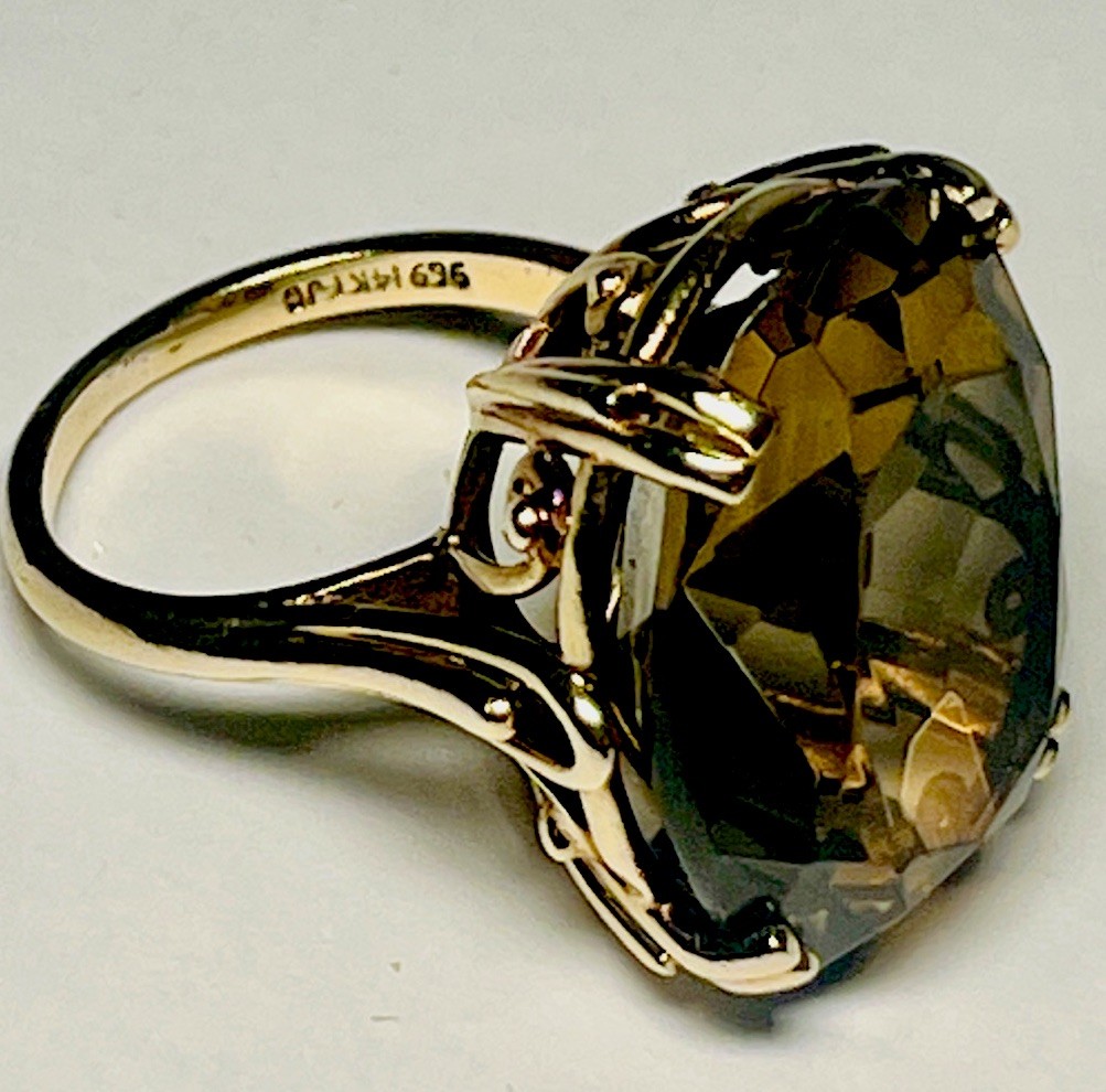 14k Gold Brilliant-Cut Oval Smoky Quartz Estate Vintage Cocktail Ring Size 7 1/4