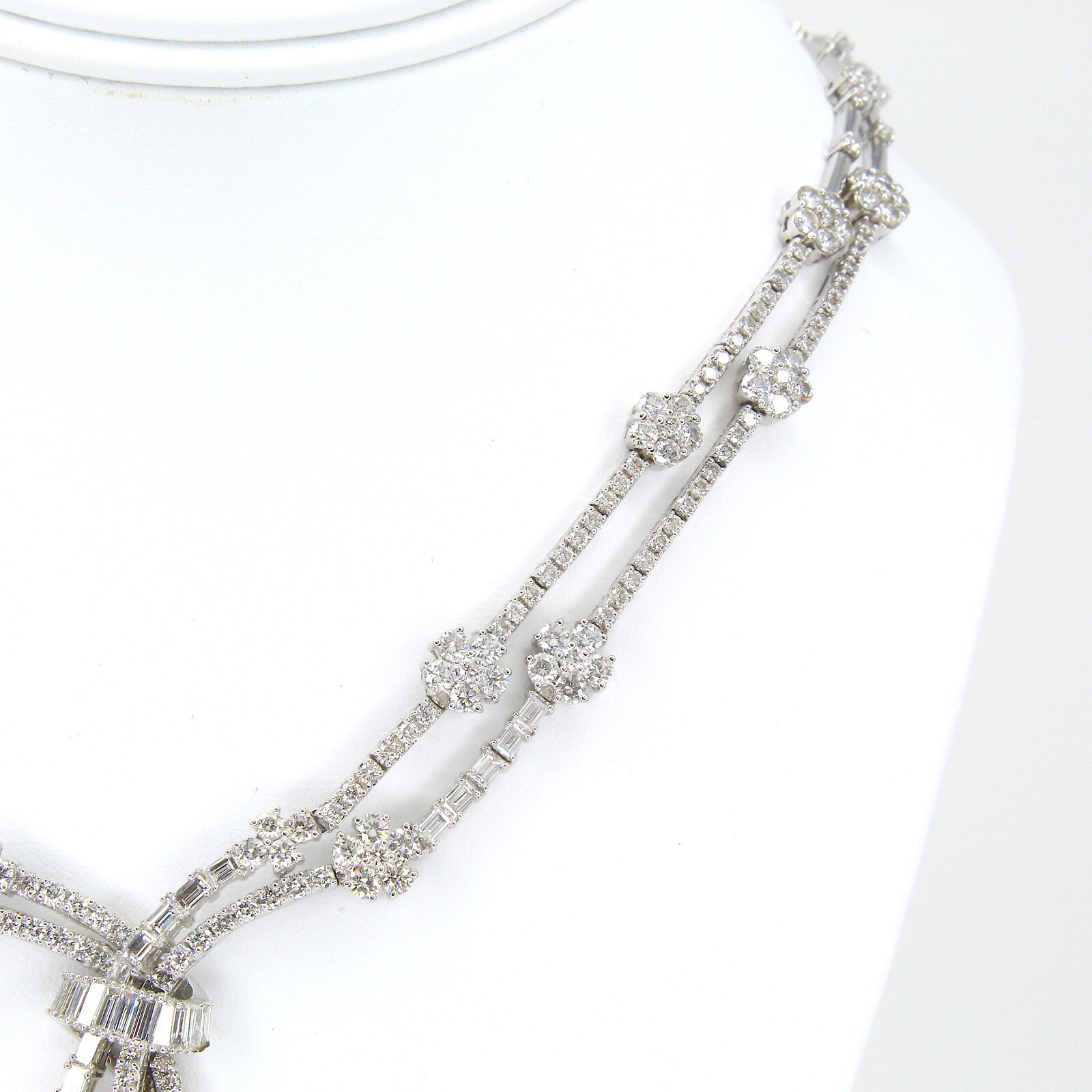 20.00 CT Diamond Two Row Floral Line Drop Necklace 18K White Gold Natural