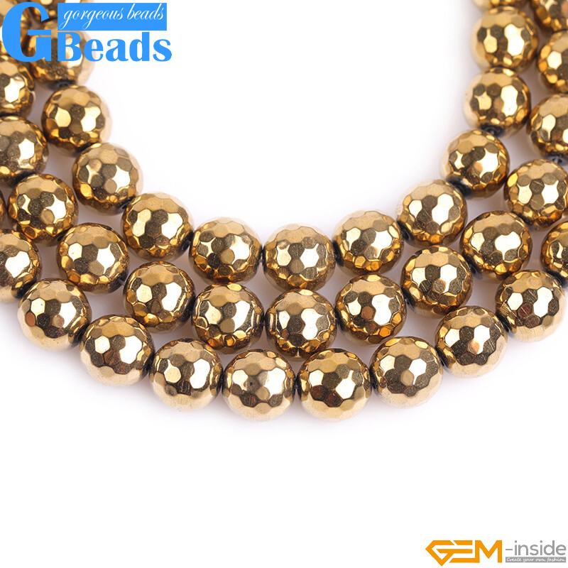 Gold Metallic Coated Reflections Hematite Faceted Round Beads 15″ Free Shipping